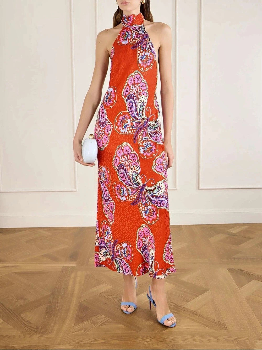 Rixo Penelope Halter Maxi Dress Red & Pink